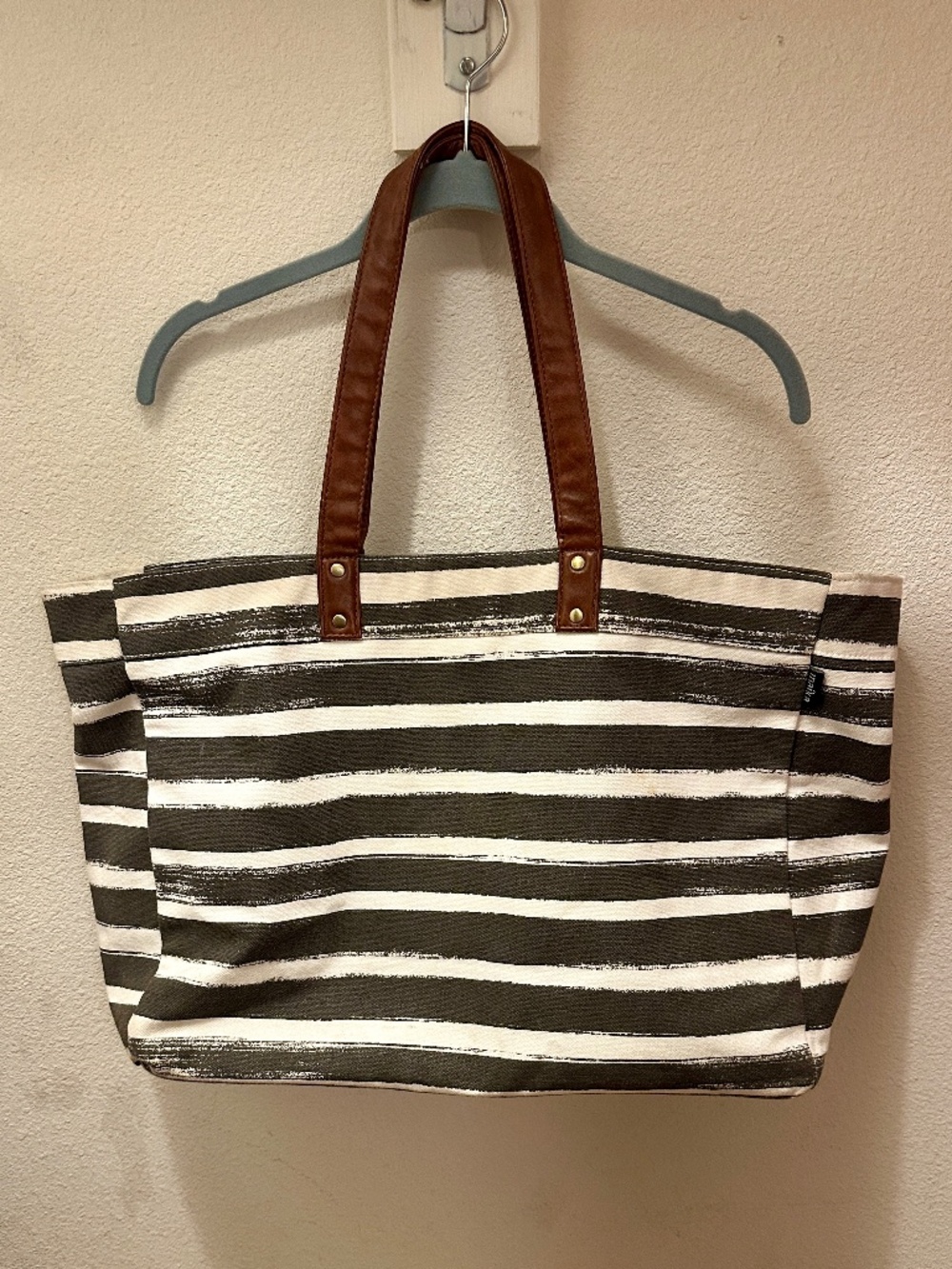 Maika Charcoal (gray) Stripes Carryall tote bag with brown shoulder straps